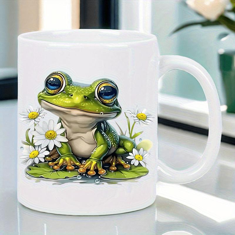 Tailorly White Ceramic 11 oz Mug - Charming Green Tree Frog Resting On Lily Pad Among White Daisies Frog