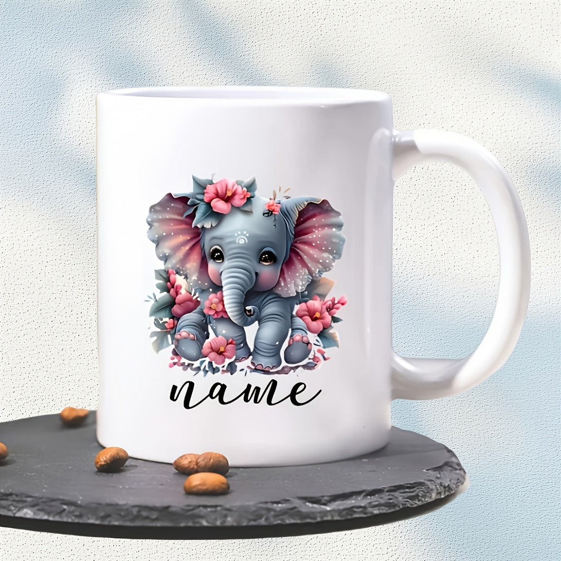 Tailorly White Ceramic 11 oz Mug - Name Sweet Little Elephant Sitting Among Soft Pink Floral Bloom Garden Elephant
