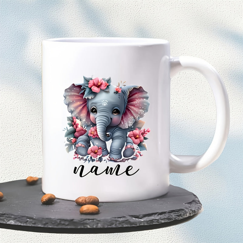 Tailorly White Ceramic 11 oz Mug - Name Sweet Little Elephant Sitting Among Soft Pink Floral Bloom Garden Elephant