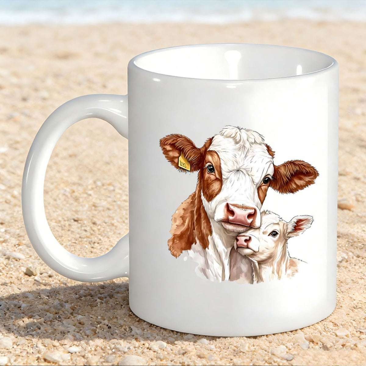 Tailorly White Ceramic 11 oz Mug - Adorable Hand Painted Watercolor Mother And Baby Calf Farm Cow