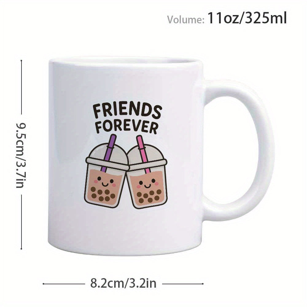 Tailorly White Ceramic 11 oz Mug - Friends Forever Cute Smiling Boba Tea Cups With Purple And Pink Straws Clinking Drink