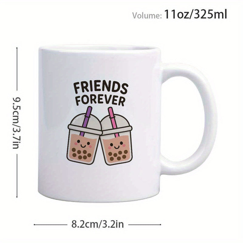 Tailorly White Ceramic 11 oz Mug - Friends Forever Cute Smiling Boba Tea Cups With Purple And Pink Straws Clinking Drink
