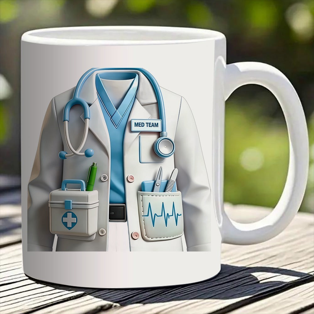Tailorly White Ceramic 11 oz Mug - Med Team Detailed Medical Lab Coat With Stethoscope And Medical Gear Kit Uniform