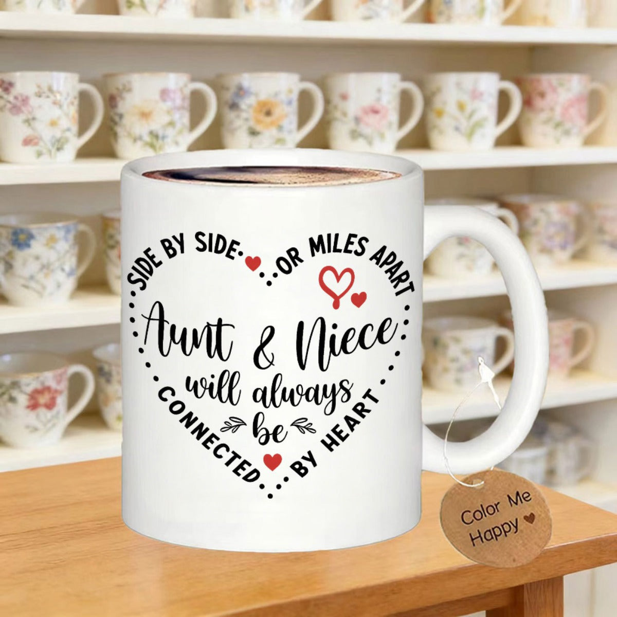 Tailorly White Ceramic 11 oz Mug - Side By Side Or Miles Apart Aunt Niece Will Always Be Connected By Heart Minimalist Dotted Frame With Small Red Accented