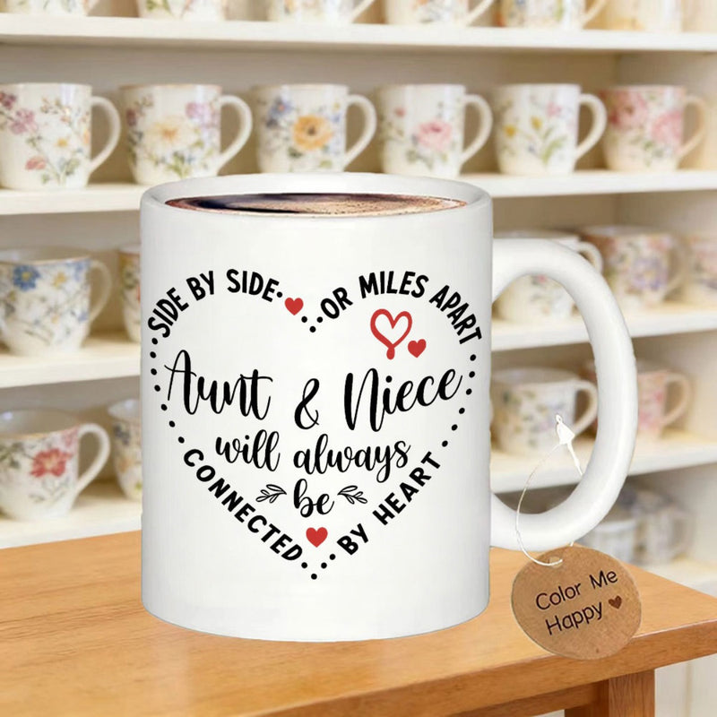 Tailorly White Ceramic 11 oz Mug - Side By Side Or Miles Apart Aunt Niece Will Always Be Connected By Heart Minimalist Dotted Frame With Small Red Accented