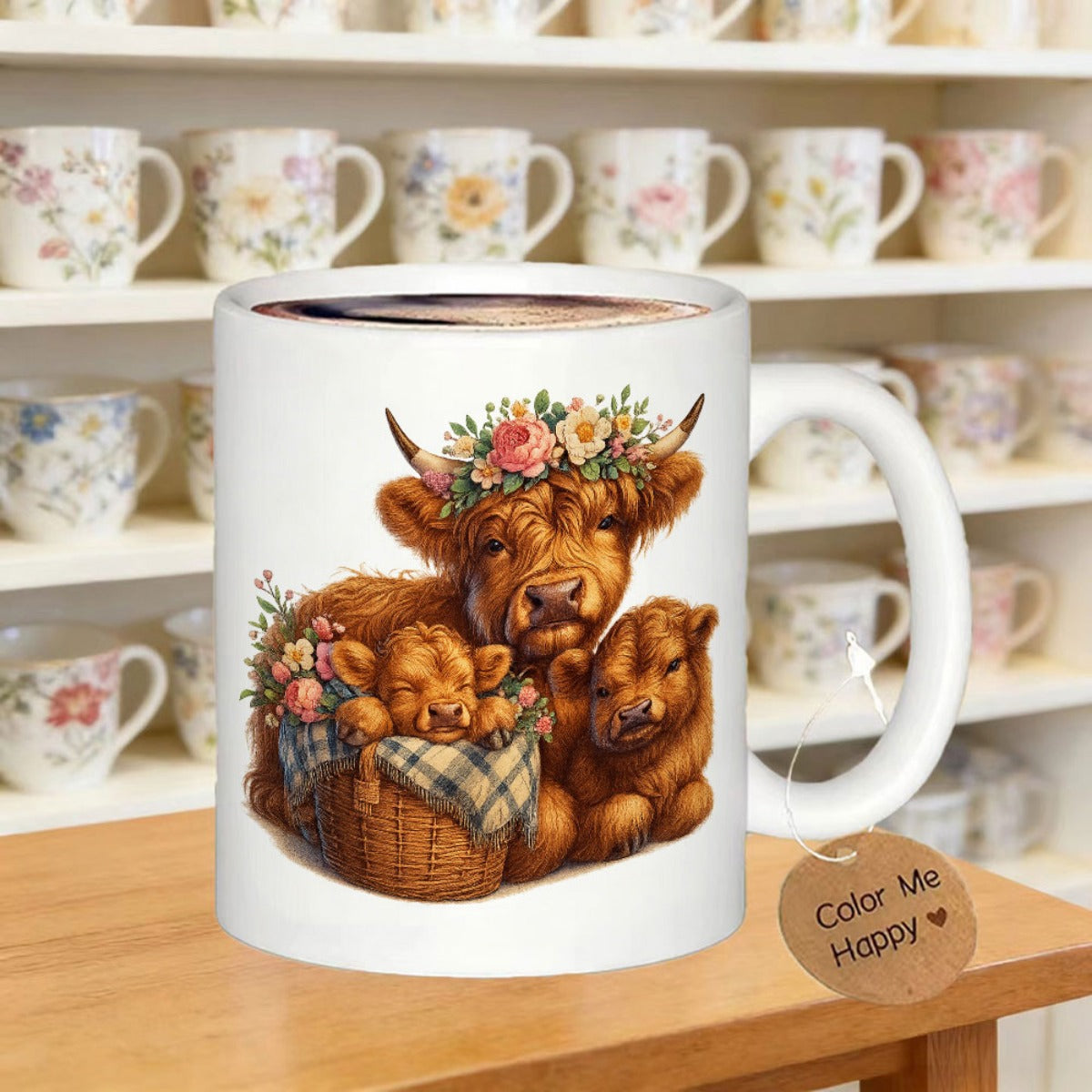 Tailorly White Ceramic 11 oz Mug - Color Me Happy Adorable Highland Cows With Floral Crown Resting In Wicker Basket Highland Cow
