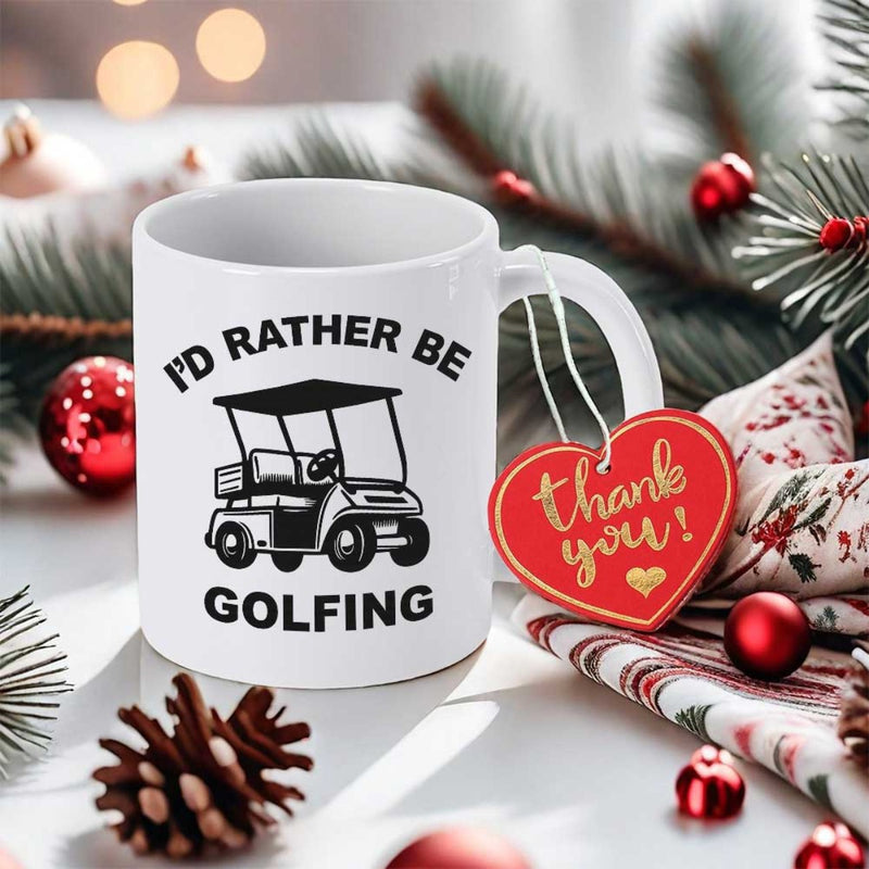 Tailorly White Ceramic 11 oz Mug - I'd Rather Be Golfing Minimalist Black Ink Illustration Featuring A Small Classic Electric Golf Cart