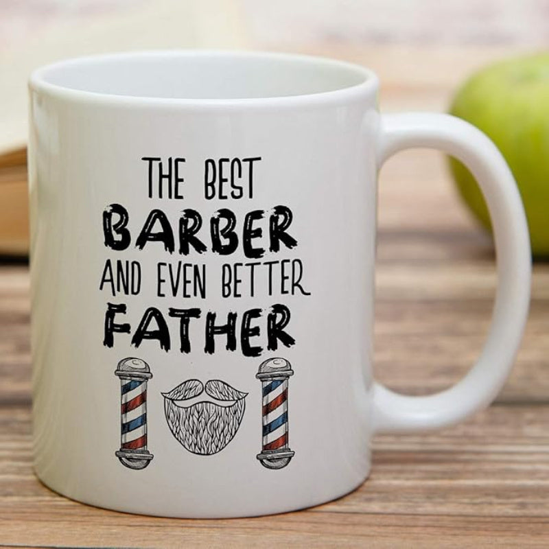 Tailorly White Ceramic 11 oz Mug - The Best Barber And Even Better Father Classic Striped Red White And Blue Poles Flanking A Full Facial Beard Barber Pole