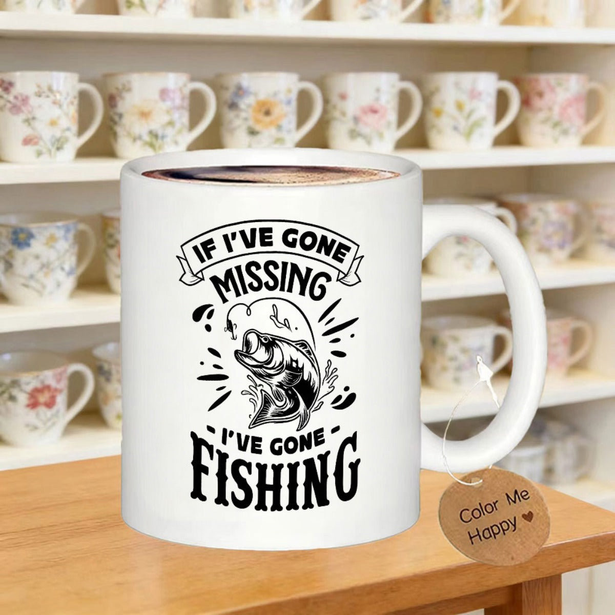 Tailorly White Ceramic 11 oz Mug - If Ive Gone Missing Ive Gone Fishing Stenciled Black Ink Jumping Bass Among Water Splashes On White Background Fish