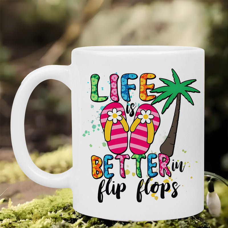 Tailorly White Ceramic 11 oz Mug - Life Is Better In Flip Flops Colorful Tropical Palm Tree Standing Beside Vibrant Striped Beach Sandals Flip Flops