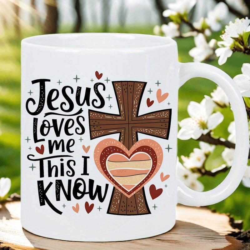 Tailorly White Ceramic 11 oz Mug - Jesus Loves Me This I Know Rustic Wooden Texture With Layered Hearts And Delicate Sparkle Accents Cross