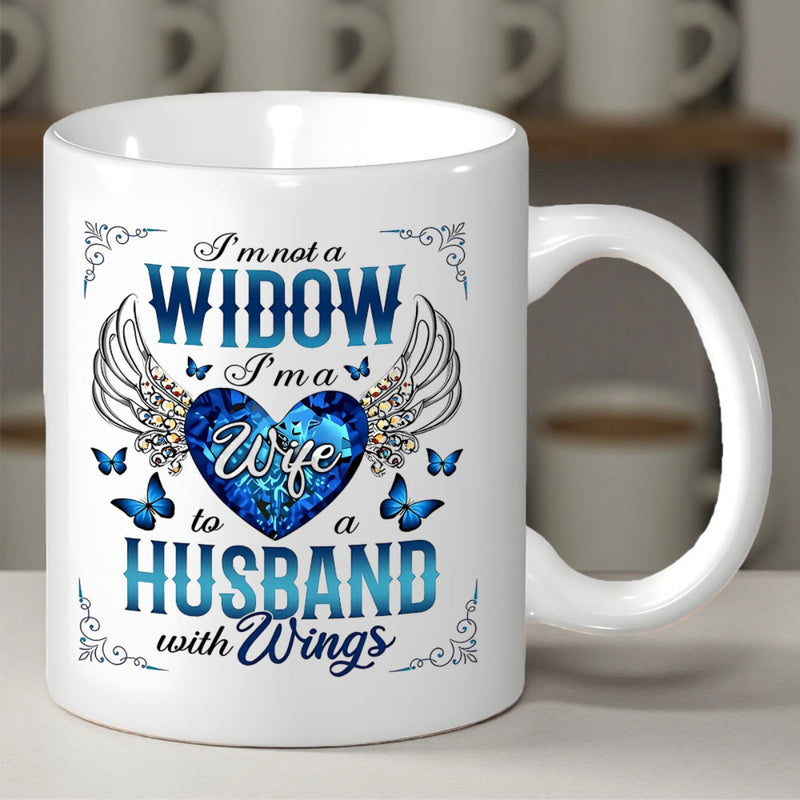 Tailorly White Ceramic 11 oz Mug - I'm Not A Widow I'ma Wife To A Husband With Wings Elegantly Crafted Blue Heart With Angelic Wings And Fluttering Butterflies
