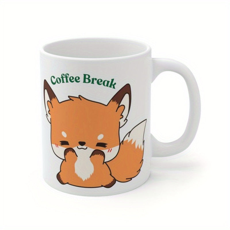 Tailorly White Ceramic 11 oz Mug - Coffee Break Adorable Cartoon Orange Fox Sitting Quietly With A Big Fluffy Tail Fox