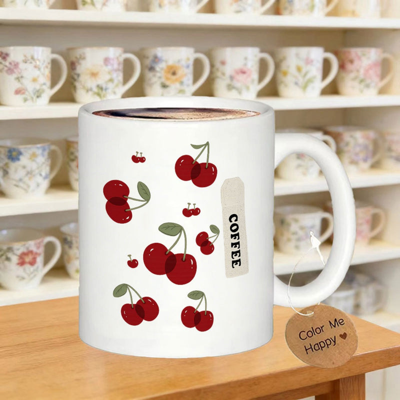 Tailorly White Ceramic 11 oz Mug - Coffee Vibrant Red Ripe Fruit With Small Green Leaves Attached To Stems Cherry