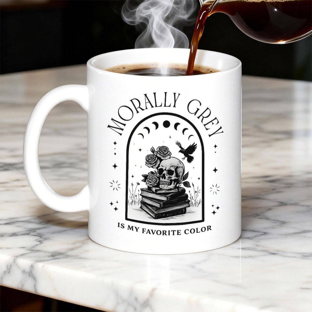 Tailorly White Ceramic 11 oz Mug - Morally Grey Is My Favorite Color Vintage Arch With Moon Phases Over Books And Rose Skull