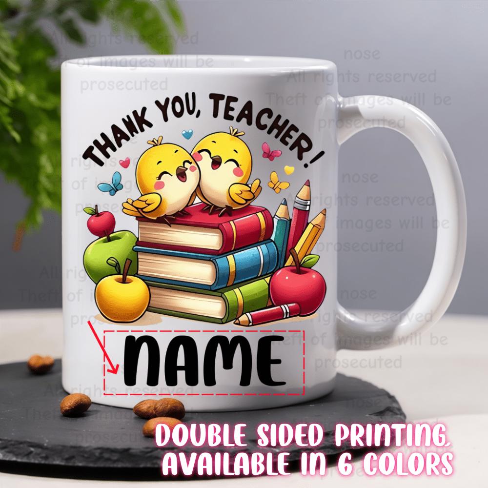 Tailorly White Ceramic 11 oz Mug - Thank You Teacher Cute Yellow Birds Resting On Colorful Books With Apples And Pencils Bird