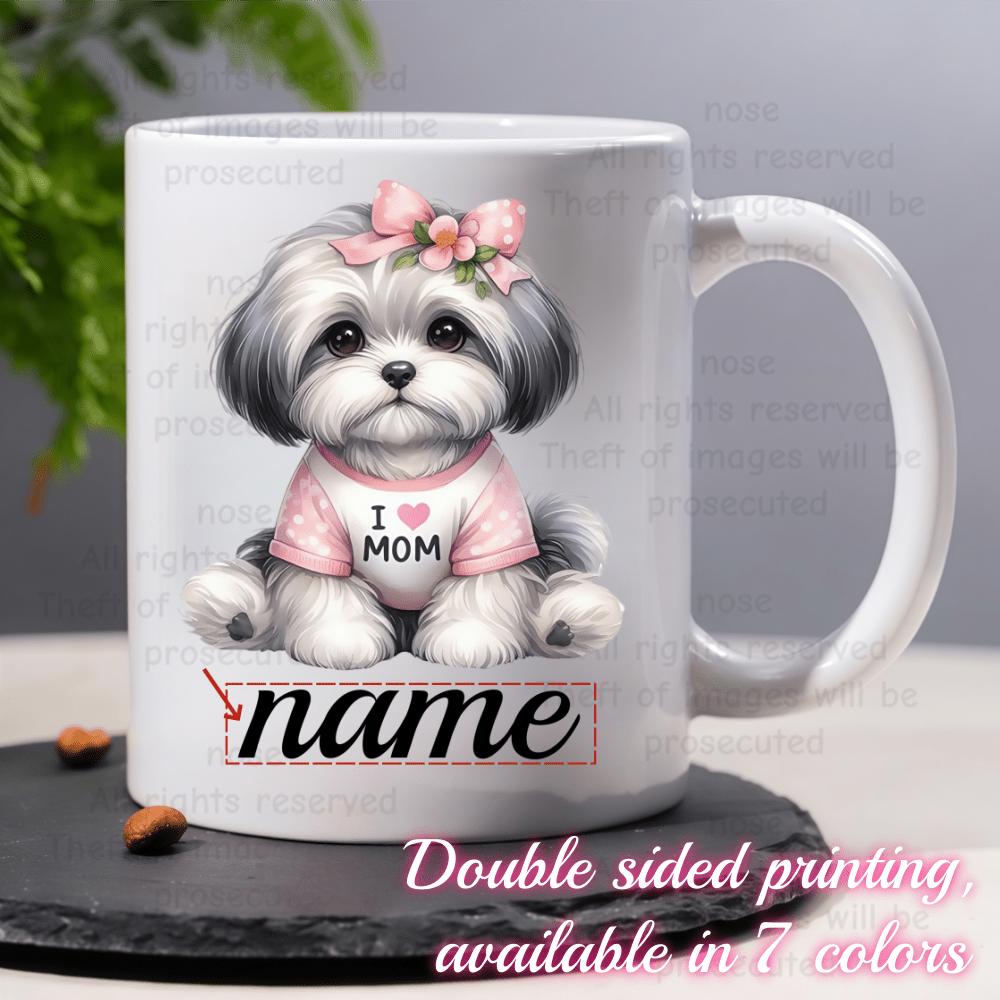 Tailorly White Ceramic 11 oz Mug - I Mom Adorable Fluffy White Dog Wearing Cute Pink Bow And Shirt Puppy