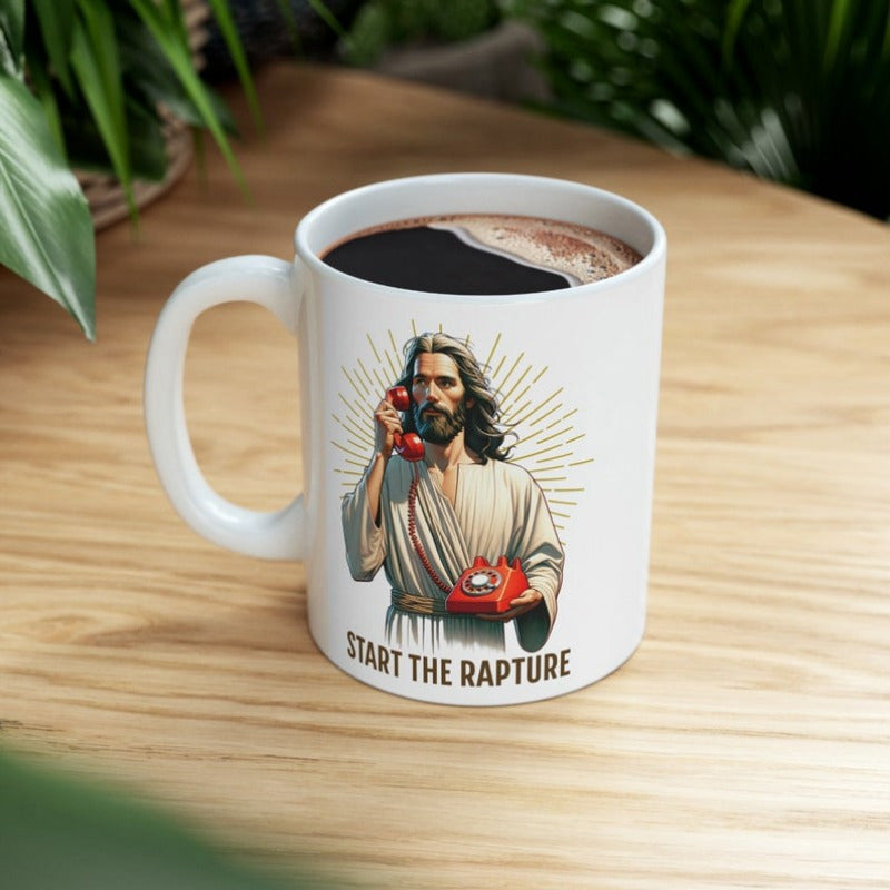 Tailorly White Ceramic 11 oz Mug - Start The Rapture Classic Divine Figure Holding Vintage Red Telephone With Radiating Golden Sunburst Rays Jesus