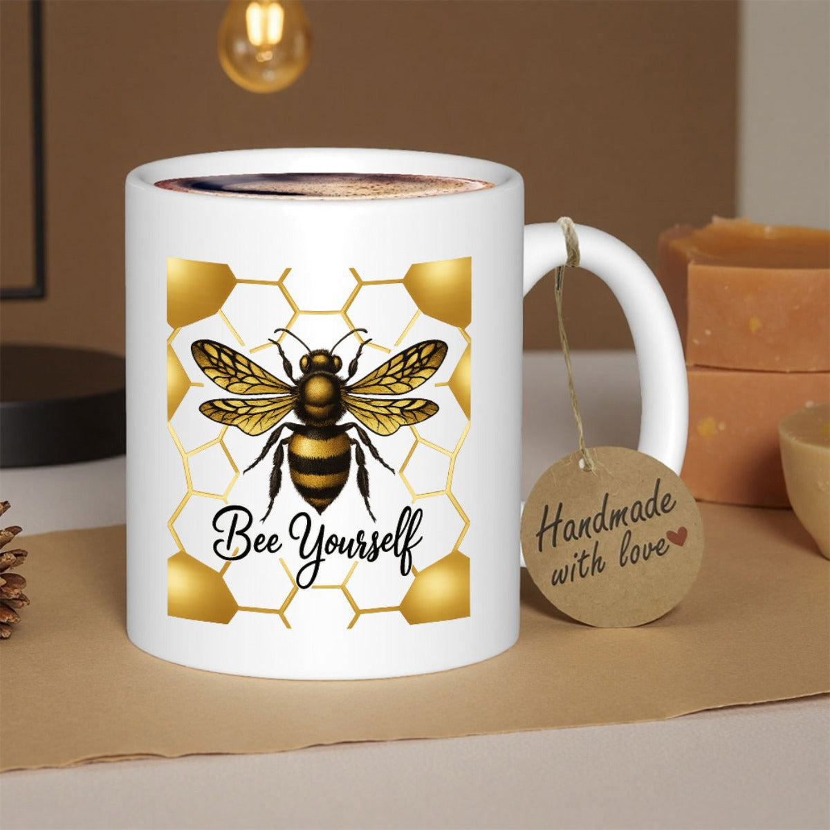 Tailorly White Ceramic 11 oz Mug - Bee Yourself Detailed Golden Honeybee Centered Within Geometric Yellow Honeycomb Pattern Structure Bee