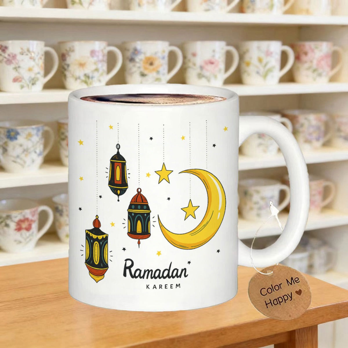 Tailorly White Ceramic 11 oz Mug - Ramadan Kareem Color Me Happy Traditional Hanging Lanterns And Crescent Moon Glowing With Stars Mug
