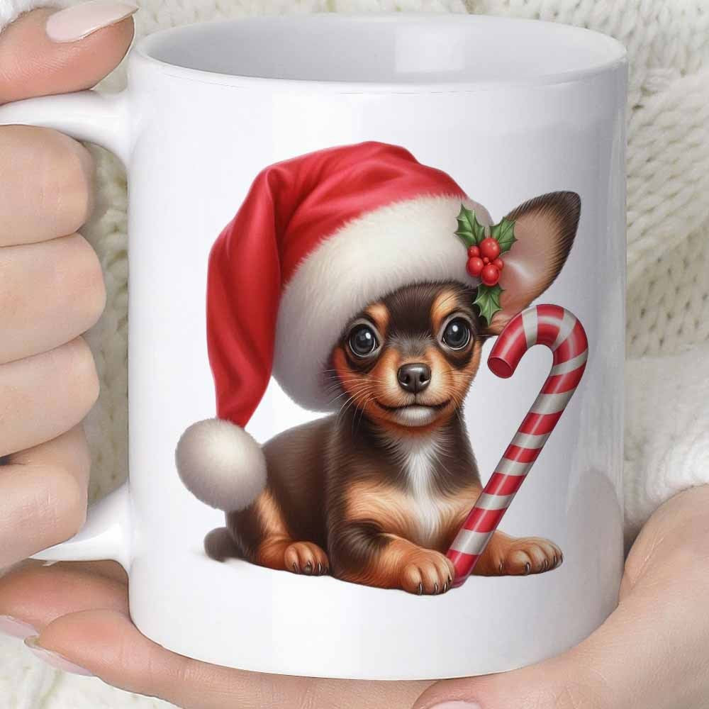 Tailorly White Ceramic 11 oz Mug - Adorable Festive Puppy Wearing Red Santa Hat Beside Striped Candy Cane Chihuahua