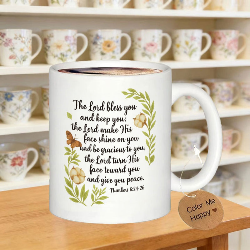 Tailorly White Ceramic 11 oz Mug - The Lord Bless You And Keep You Numbers 6 24 26 Soft Cotton Bolls With Delicate Butterfly Among Elegant Green Leaves Cotton