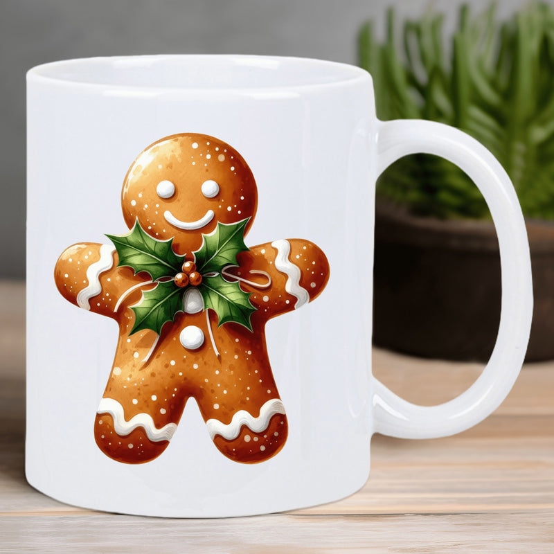 Tailorly White Ceramic 11 oz Mug - Festive Holiday Cookie Decorated With Green Holly Leaves And White Icing Gingerbread Man