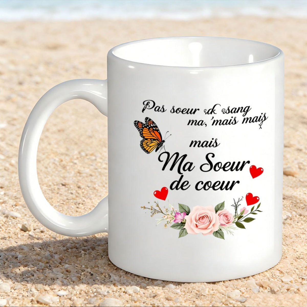 Tailorly White Ceramic 11 oz Mug - Vibrant Colorful Wings Hovering Above Pink Roses And Small Hearts Butterfly