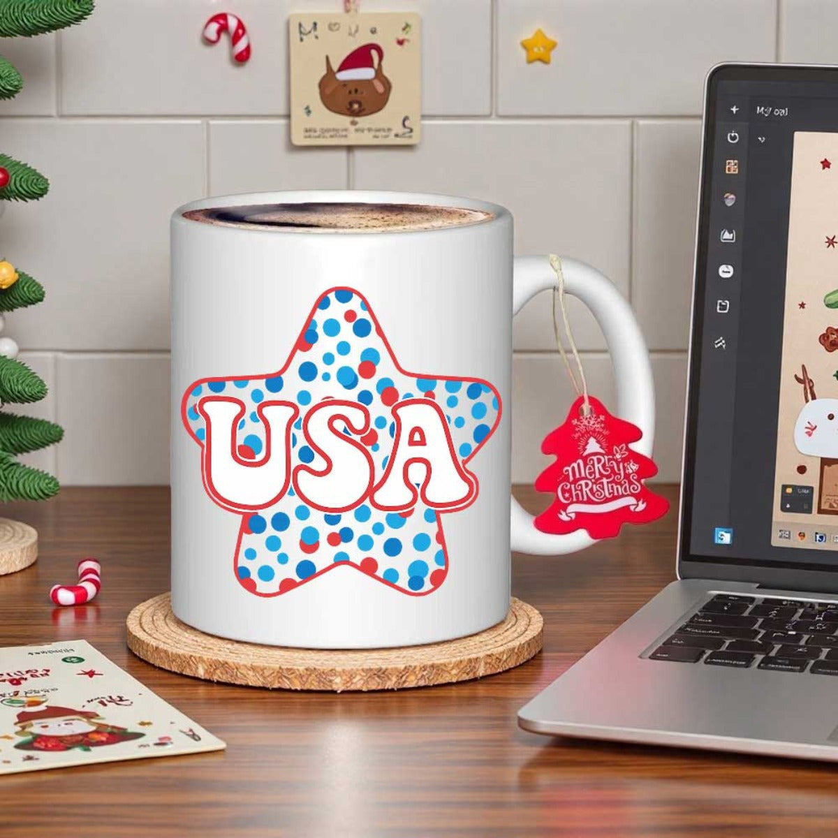 Tailorly White Ceramic 11 oz Mug - USA Retro American Theme With Patriotic Red And Blue Polka Dots Star