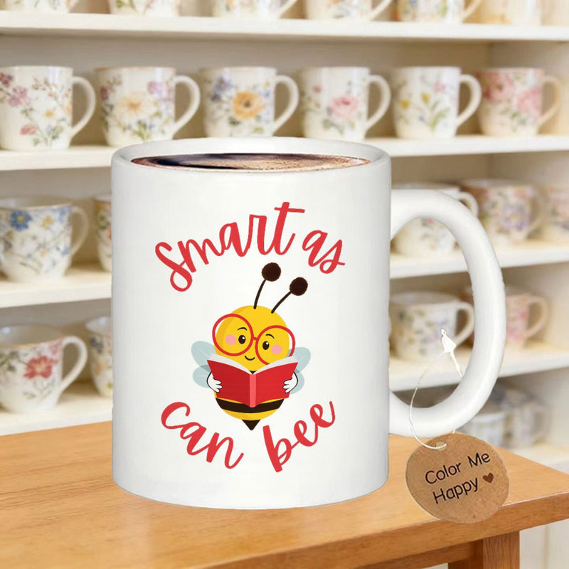 Tailorly White Ceramic 11 oz Mug - Smart As Can Bee Studious Yellow Bumblebee Wearing Glasses And Reading A Small Red Book Bee