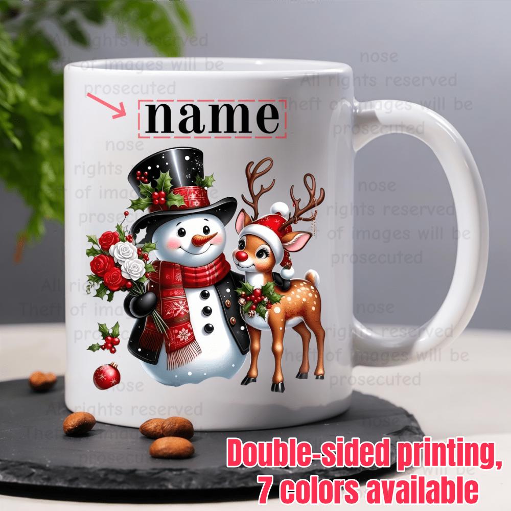 Tailorly White Ceramic 11 oz Mug - Name Adorable Festive Snowman With Reindeer Standing Under Soft Winter Light Snowman