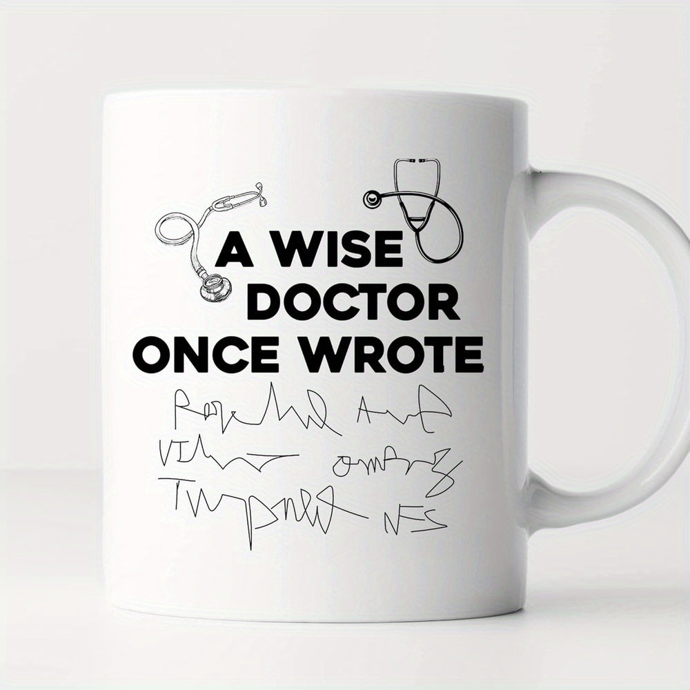 Tailorly White Ceramic 11 oz Mug - A Wise Doctor Once Wrote Minimalist Medical Illustration With Stethoscopes And Messy Prescription Handwriting Mug