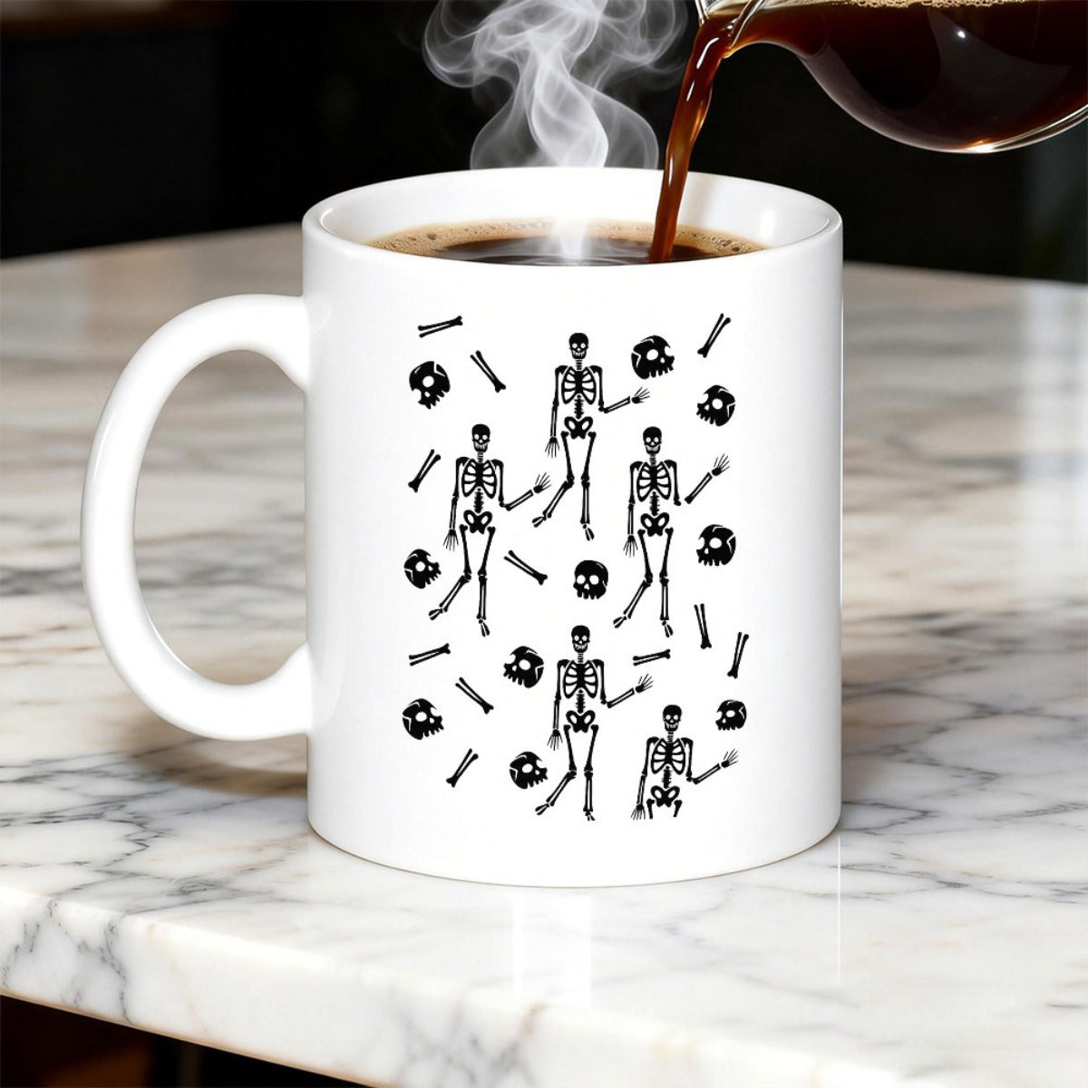 Tailorly White Ceramic 11 oz Mug - Monochrome Artistic Dancing Skeletons With Scattered Small Human Bones And Skulls Skeleton