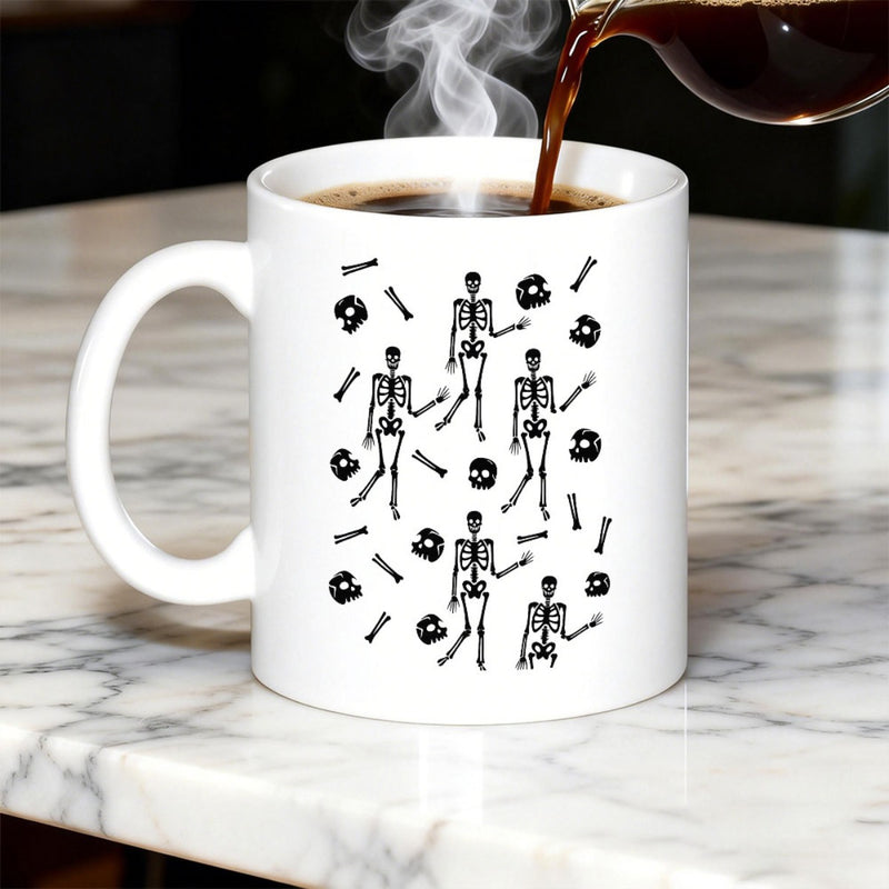 Tailorly White Ceramic 11 oz Mug - Monochrome Artistic Dancing Skeletons With Scattered Small Human Bones And Skulls Skeleton