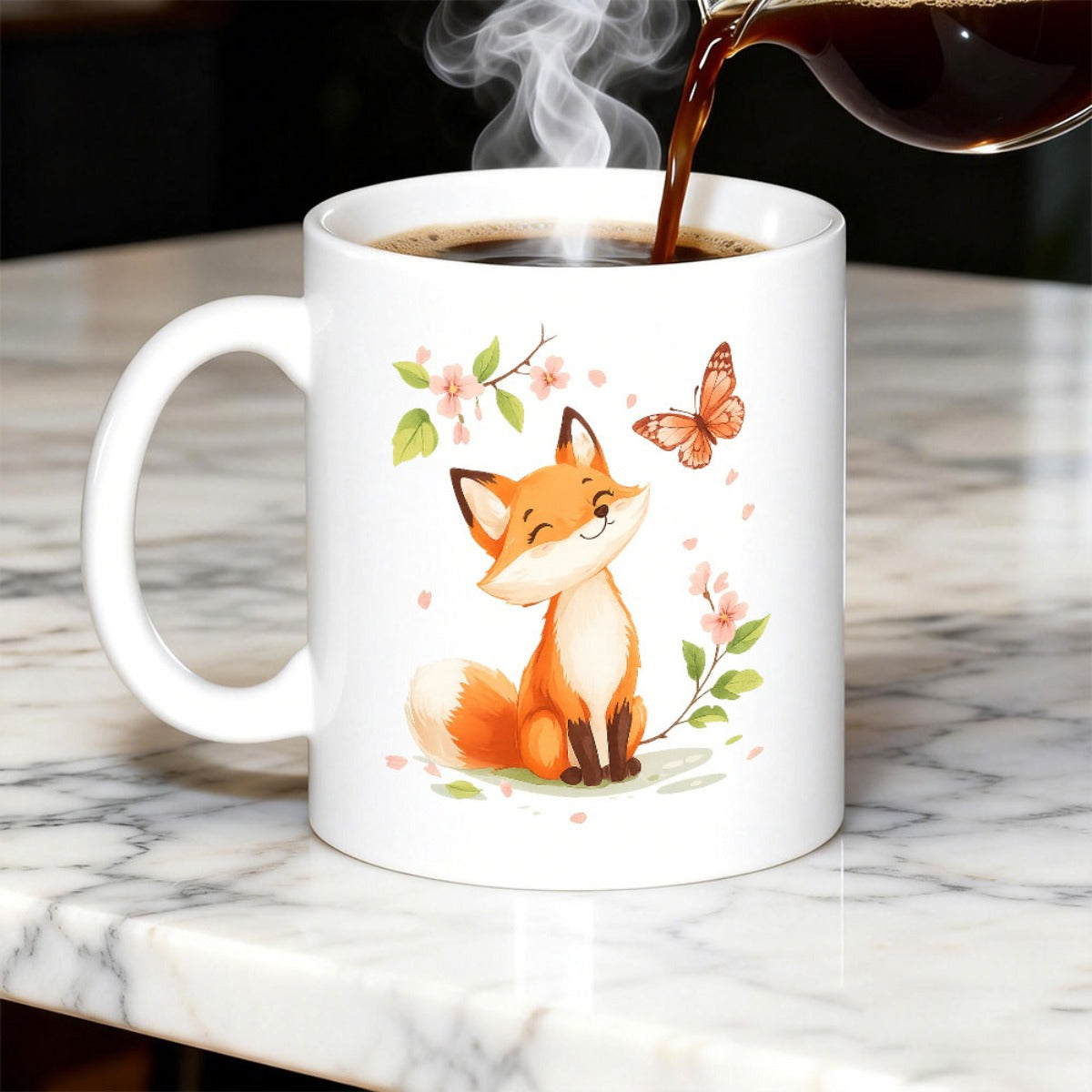 Tailorly White Ceramic 11 oz Mug - Charming Little Fox Gazing At Butterfly Near Blooming Pink Spring Flowers Fox