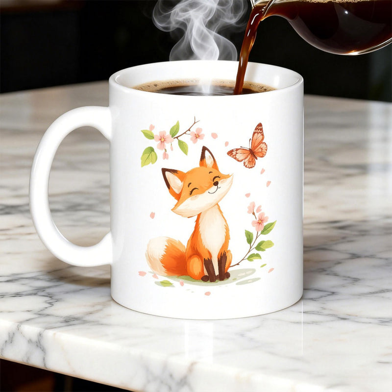 Tailorly White Ceramic 11 oz Mug - Charming Little Fox Gazing At Butterfly Near Blooming Pink Spring Flowers Fox