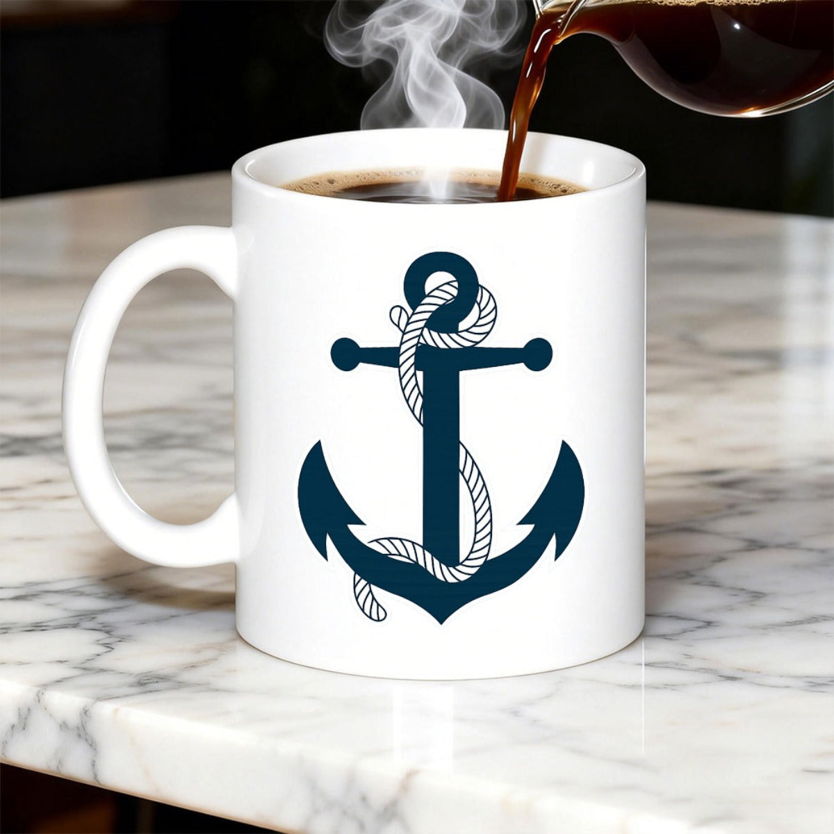 Tailorly White Ceramic 11 oz Mug - Dark Blue Nautical Design Wrapped With Coiled White Rope Maritime Anchor