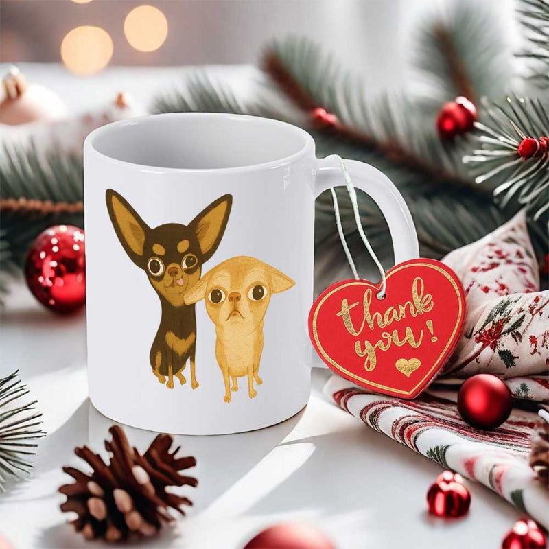 Tailorly White Ceramic 11 oz Mug - Thank You Adorable Pair Of Cartoon Chihuahuas Resting On
