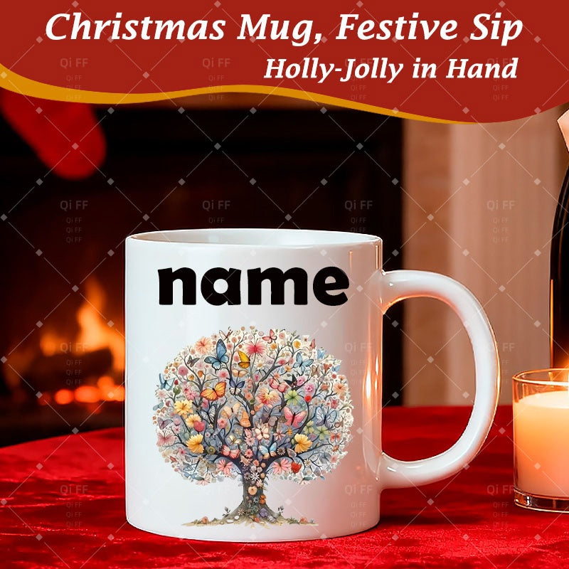 Tailorly White Ceramic 11 oz Mug - Name Colorful Hand Drawn Blooming Branches Decorated With Hearts And Flowers Tree
