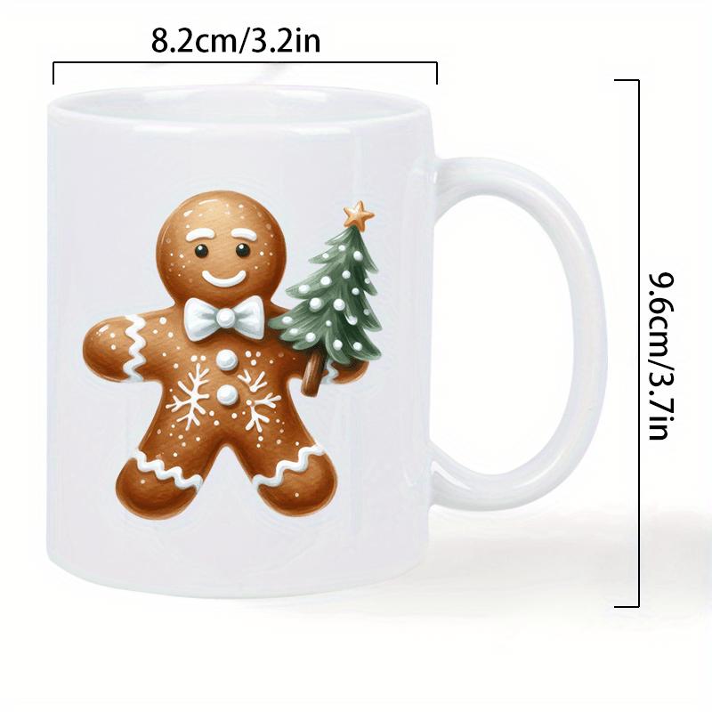 Tailorly White Ceramic 11 oz Mug - Festive Smiling Brown Figure Holding A Tiny Decorated Green Christmas Tree Gingerbread Man