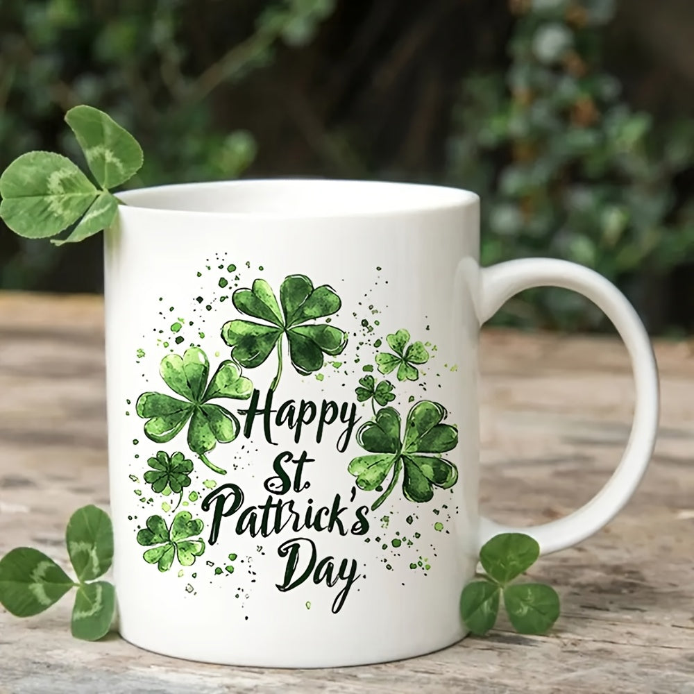 Tailorly White Ceramic 11 oz Mug - Happy St Patricks Day Vibrant Green Watercolor Clover Leaves With Artistic Black Ink Splatter Shamrock