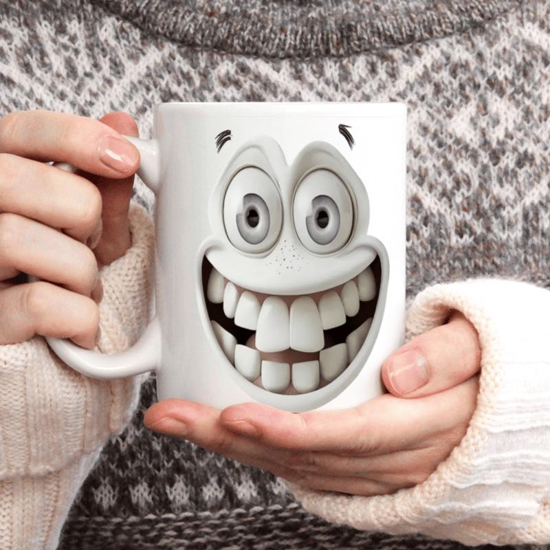 Tailorly White Ceramic 11 oz Mug - Wide Smiling Cartoon Character With Large Eyes And Big Detailed Teeth Face