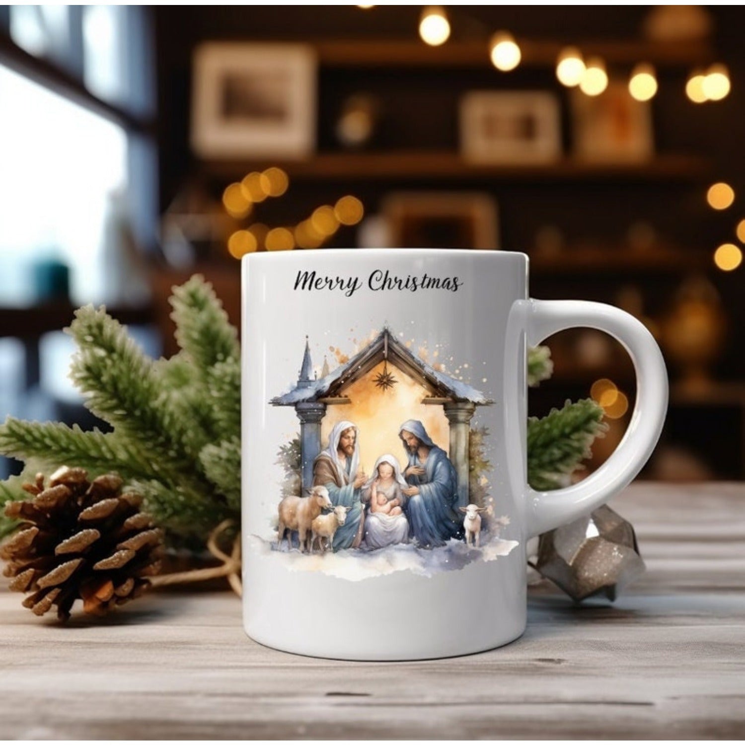 Tailorly White Ceramic 11 oz Mug - Merry Christmas Holy Family Surrounded By Lambs Inside A Rustic Stable Nativity