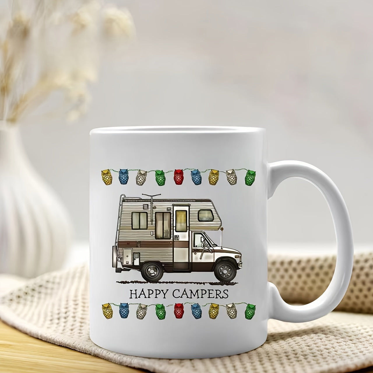 Tailorly White Ceramic 11 oz Mug - Happy Campers Vintage Truck Parked Under Colorful Decorative Festival String Lights Camper