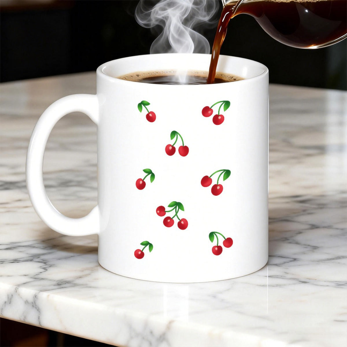 Tailorly White Ceramic 11 oz Mug - Vibrant Red Watercolor Cherries Pattern With Green Leaves Sweet Cherry