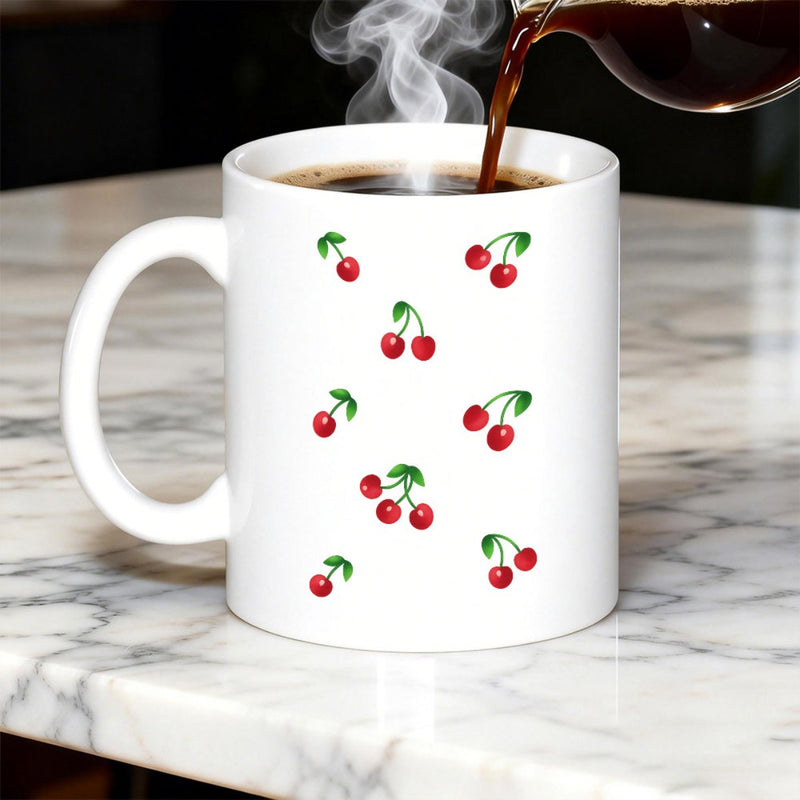 Tailorly White Ceramic 11 oz Mug - Vibrant Red Watercolor Cherries Pattern With Green Leaves Sweet Cherry