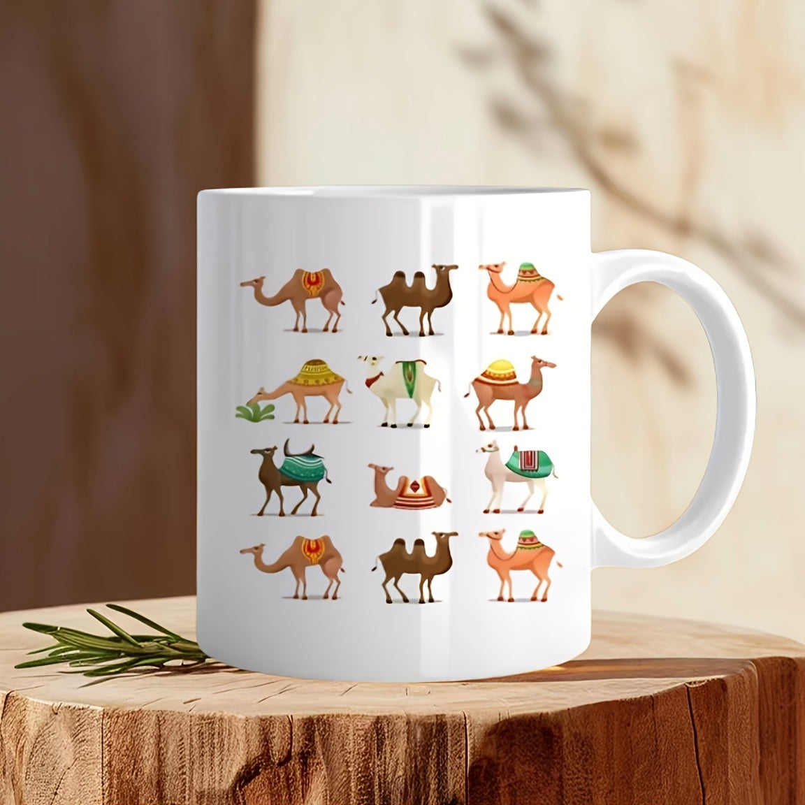 Tailorly White Ceramic 11 oz Mug - Diverse Collection Of Hand Drawn Illustrated Desert Creatures Carrying Traditional Cargo Camel