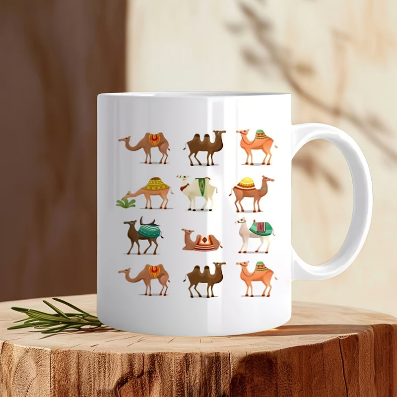 Tailorly White Ceramic 11 oz Mug - Diverse Collection Of Hand Drawn Illustrated Desert Creatures Carrying Traditional Cargo Camel