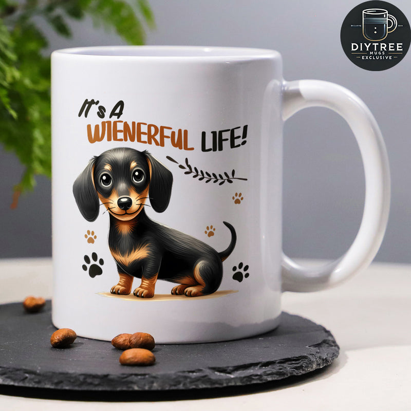 Tailorly White Ceramic 11 oz Mug - Its A Wienerful Life Cute Black And Tan Dachshund With Paw Prints Among Decorative Branches Dog