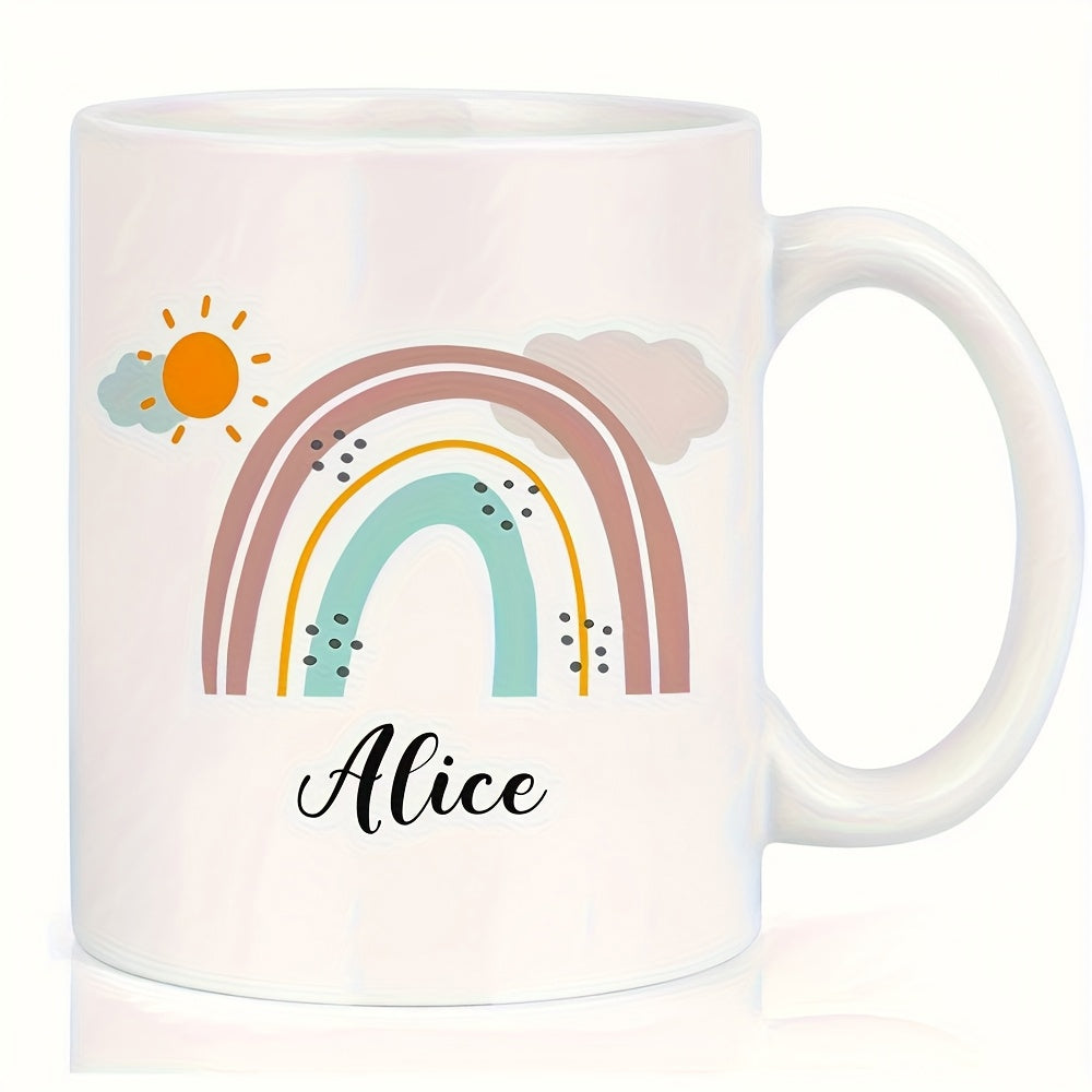 Tailorly White Ceramic 11 oz Mug - Alice Soft Boho Earthy Arches Beneath Bright Sun And Gentle Clouds Rainbow